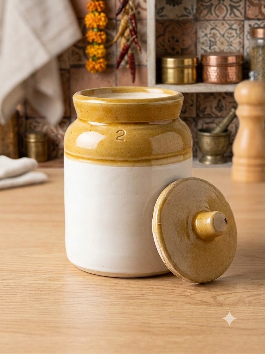 Barniwala 1000 ML Ceramic Storage Jar with Lid | Premium Cylindrical Kitchen Container for Pickle, Achar, Spices, Sugar, Tea, Coffee, Dry Fruits & Snacks | Stylish Pantry Organizer & Food Storage Canister