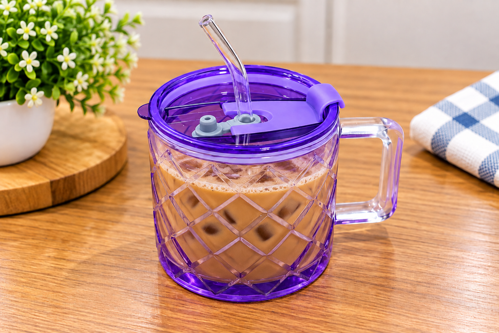Barniwala Glass Mug with Lid and Straw, Purple Crystal Design Drinking Mug with Handle, Reusable Glass Coffee Tea Juice Mug for Home Office Kitchen