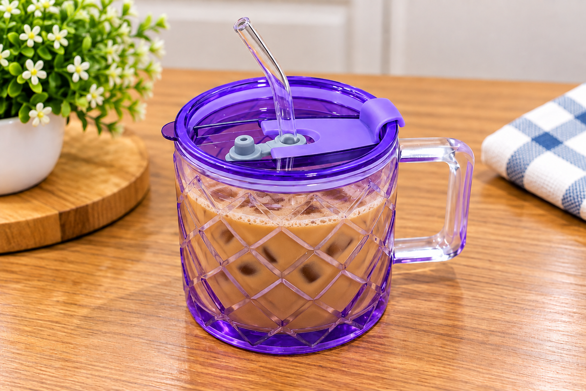 Barniwala Glass Mug with Lid and Straw, Purple Crystal Design Drinking Mug with Handle, Reusable Glass Coffee Tea Juice Mug for Home Office Kitchen