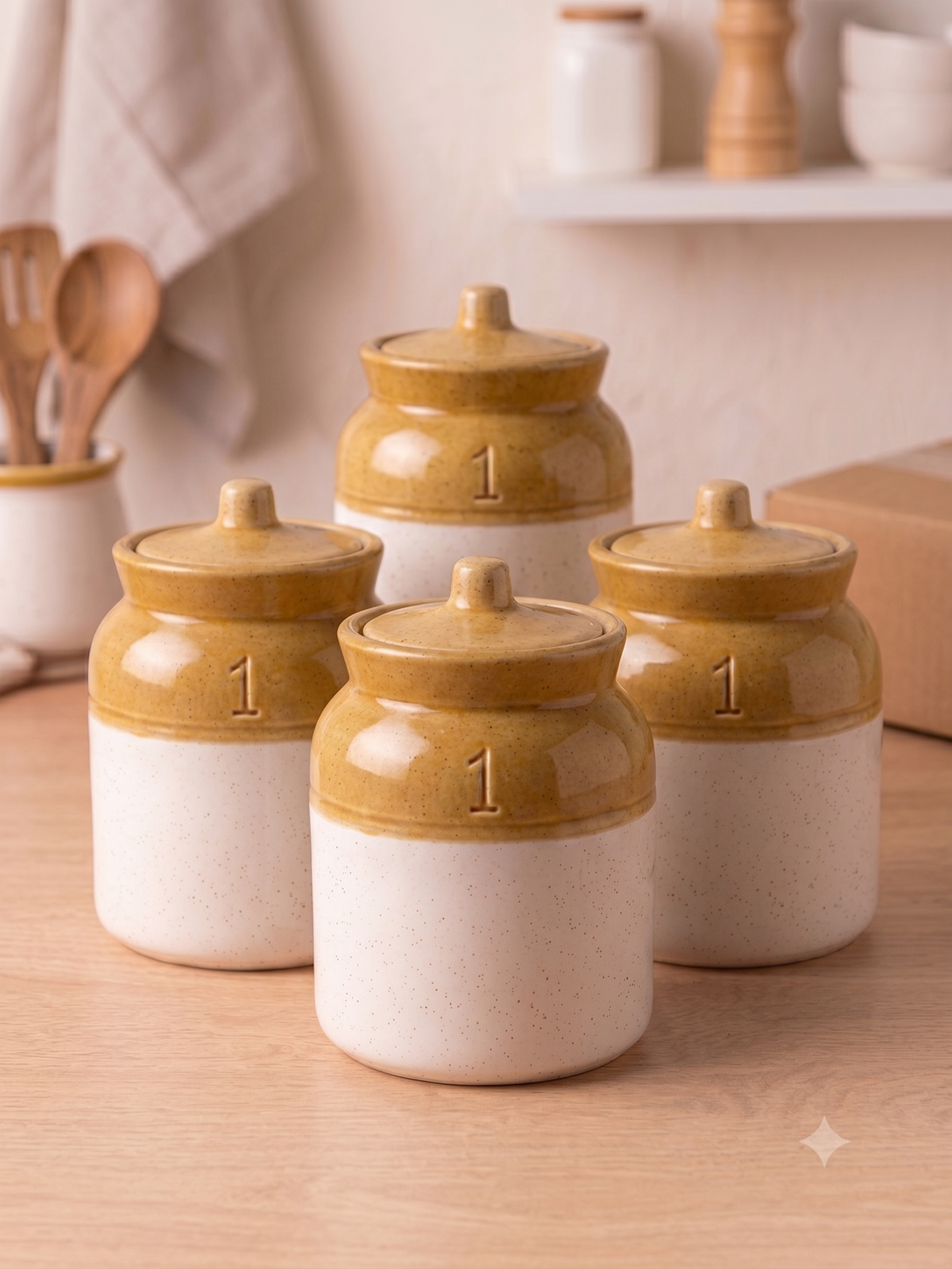 Barniwala 500 ML Ceramic Storage Jar with Lid, Pack of 4 | Premium Cylindrical Kitchen Containers for Pickle, Achar, Spices, Sugar, Tea, Coffee, Dry Fruits & Snacks | Stylish Pantry Organizer & Food Storage Canisters