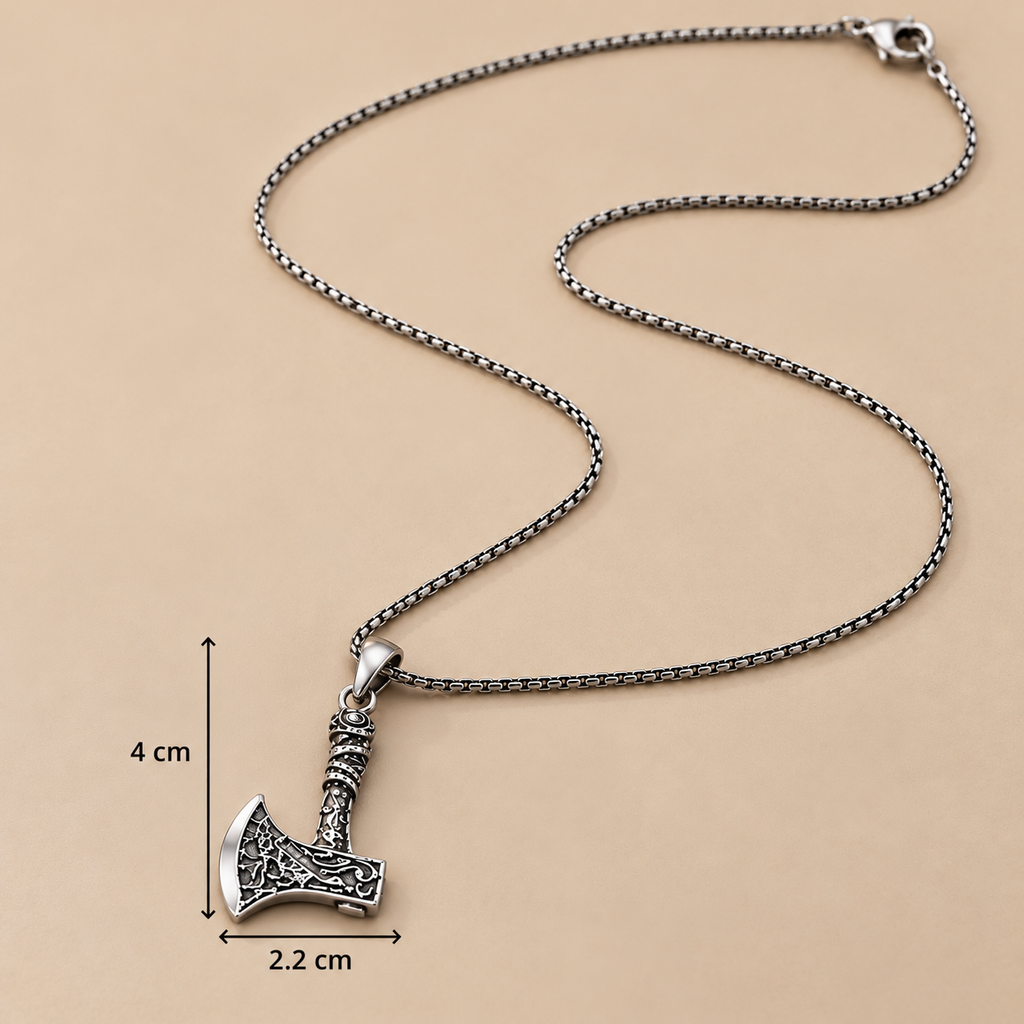 Stainless Steel Silver Axe Pendant Necklace for Men, 62 cm Long, 2 mm Chain Width | Antique Viking Style Hatchet Pendant, Gothic Fashion Jewellery for Party Wear, Casual Wear & Gifting