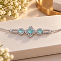 Women’s Silver-Tone Aqua Blue Stone Adjustable Bracelet with Sparkling Crystal Embellishments, Elegant Fashion Jewellery for Party Wear, Wedding, Festive Occasions & Gifting