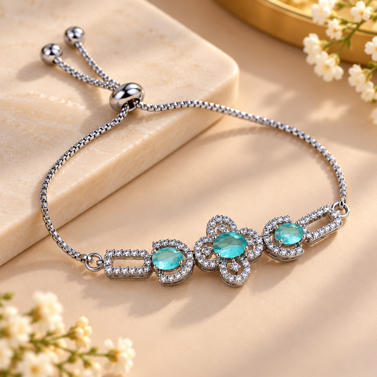 Women’s Silver-Tone Aqua Blue Stone Adjustable Bracelet with Sparkling Crystal Embellishments, Elegant Fashion Jewellery for Party Wear, Wedding, Festive Occasions & Gifting