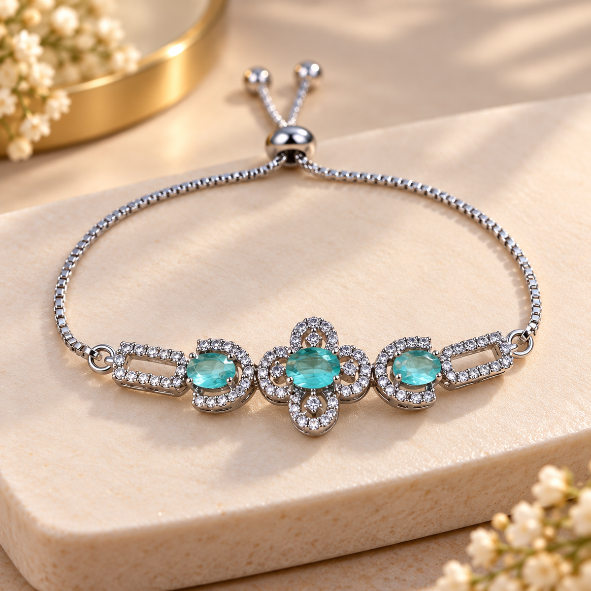 Women’s Silver-Tone Aqua Blue Stone Adjustable Bracelet with Sparkling Crystal Embellishments, Elegant Fashion Jewellery for Party Wear, Wedding, Festive Occasions & Gifting