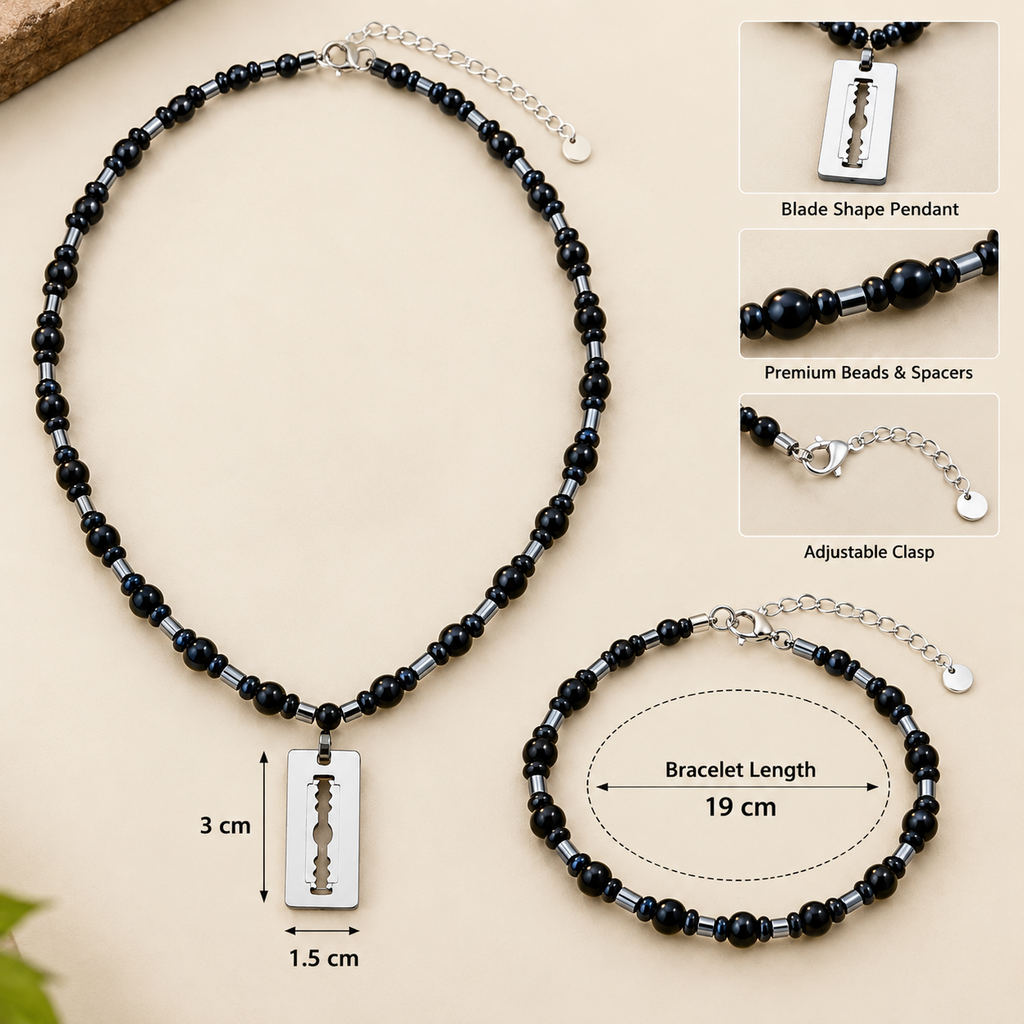 Stainless Steel Black Beaded Necklace and Bracelet Set for Men, 30 cm Necklace Length, 8 mm Beads, Silver Blade Shape Pendant | Stylish Gothic Fashion Jewellery Set for Party Wear & Gifting