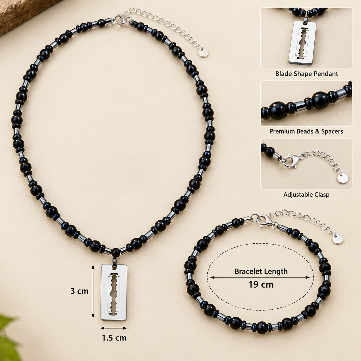 Stainless Steel Black Beaded Necklace and Bracelet Set for Men, 30 cm Necklace Length, 8 mm Beads, Silver Blade Shape Pendant | Stylish Gothic Fashion Jewellery Set for Party Wear & Gifting