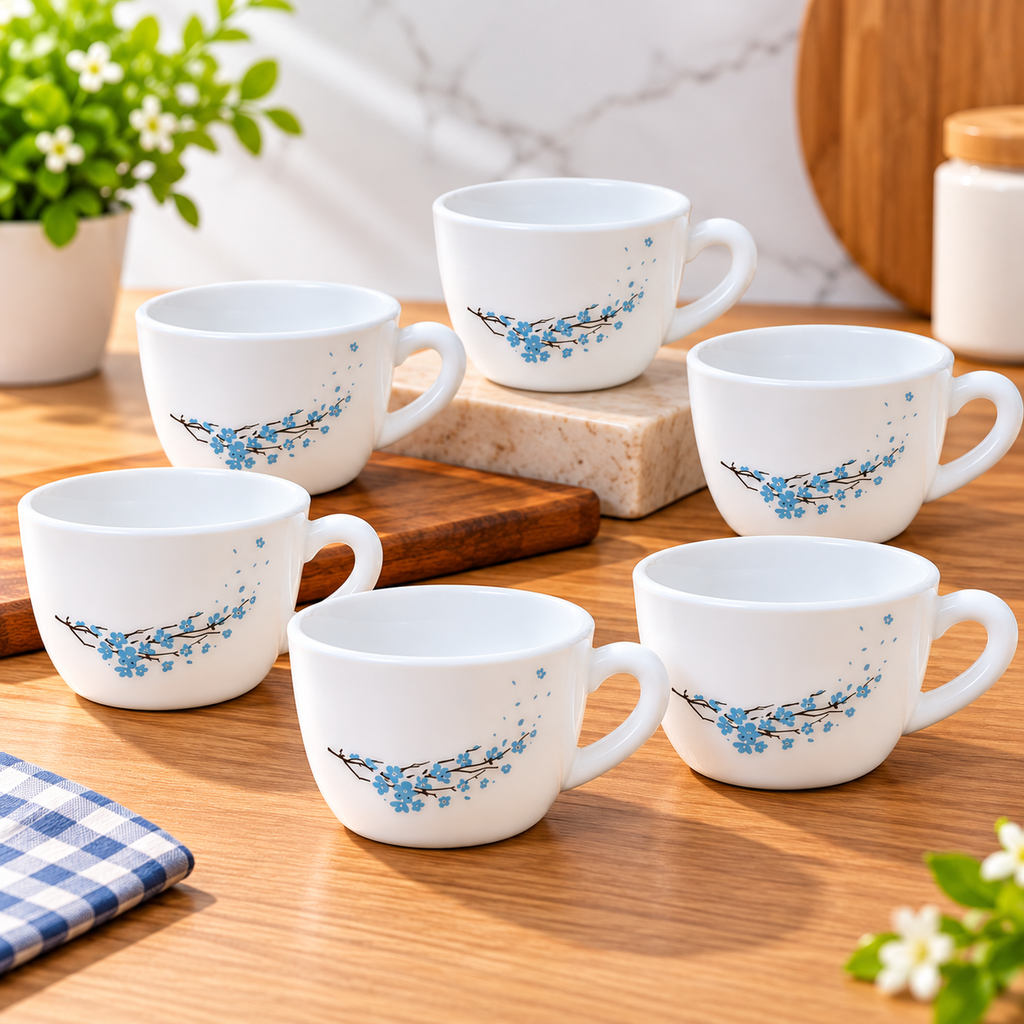 Cello Queen Cup Blossom 130 ML, Pack of 6 | Elegant Blue Floral Printed Tea Cups | Premium White Cups for Tea, Coffee, Milk & Daily Use | Stylish Drinkware for Home, Office & Gifting
