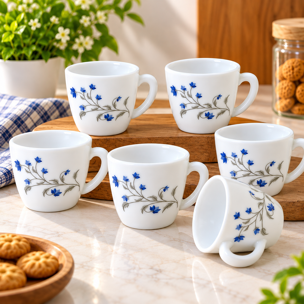Cello Ricca Vinea Cup Set of 6, 100 ML | White Tea Cups with Elegant Blue Floral Vine Design | Stylish Small Cups for Tea, Coffee, Milk, Espresso and Daily Use