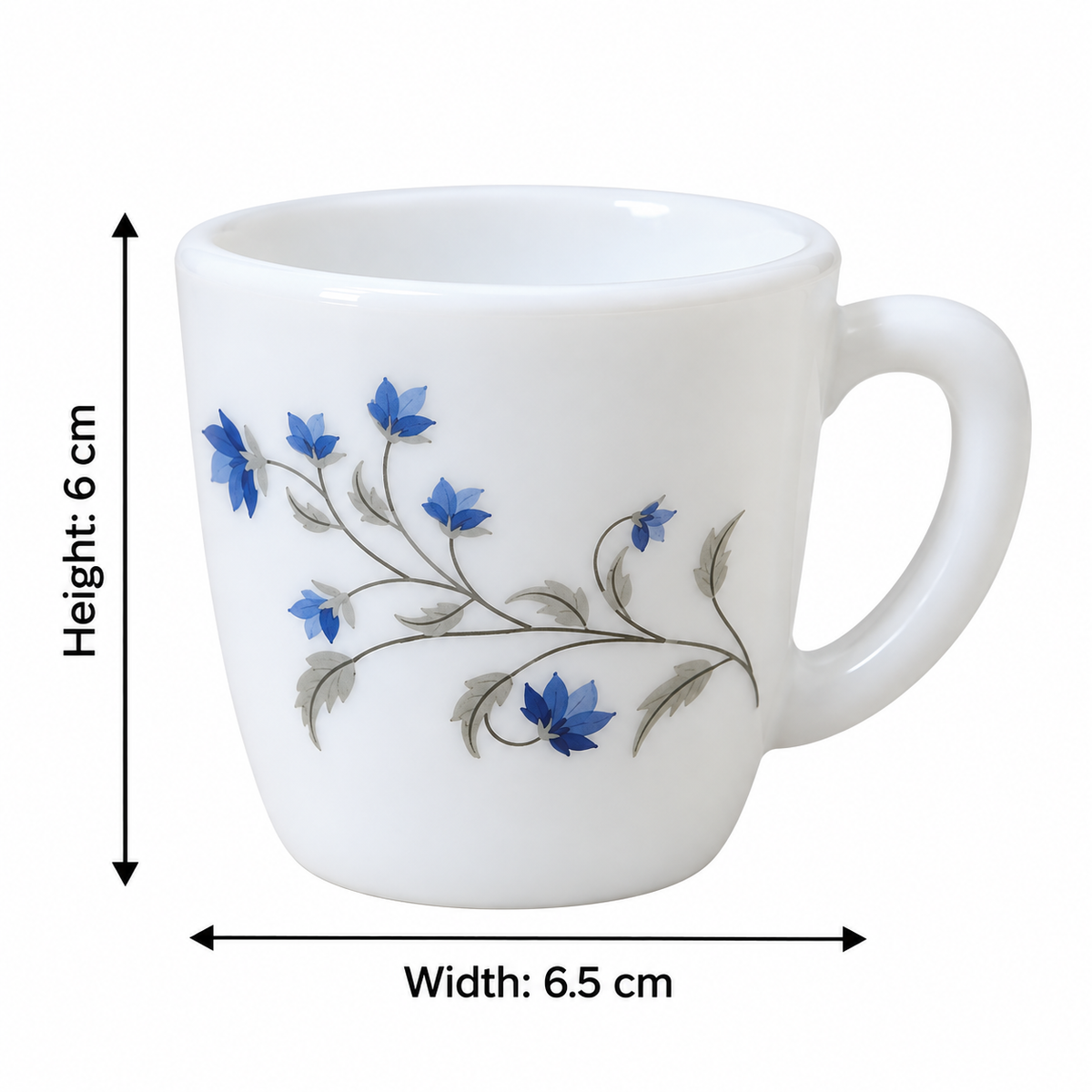 Cello Ricca Vinea Cup Set of 6, 100 ML | White Tea Cups with Elegant Blue Floral Vine Design | Stylish Small Cups for Tea, Coffee, Milk, Espresso and Daily Use