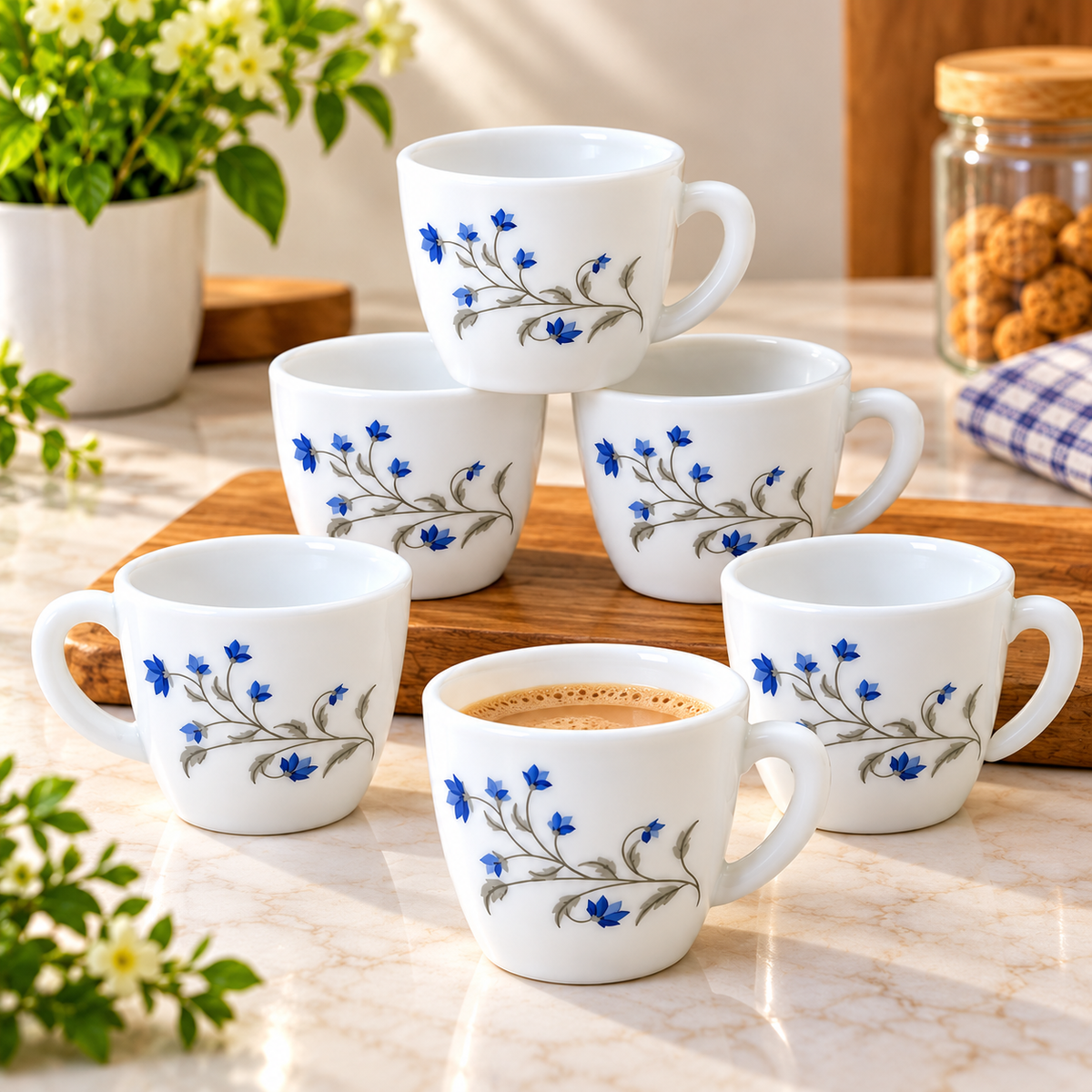 Cello Ricca Vinea Cup Set of 6, 100 ML | White Tea Cups with Elegant Blue Floral Vine Design | Stylish Small Cups for Tea, Coffee, Milk, Espresso and Daily Use