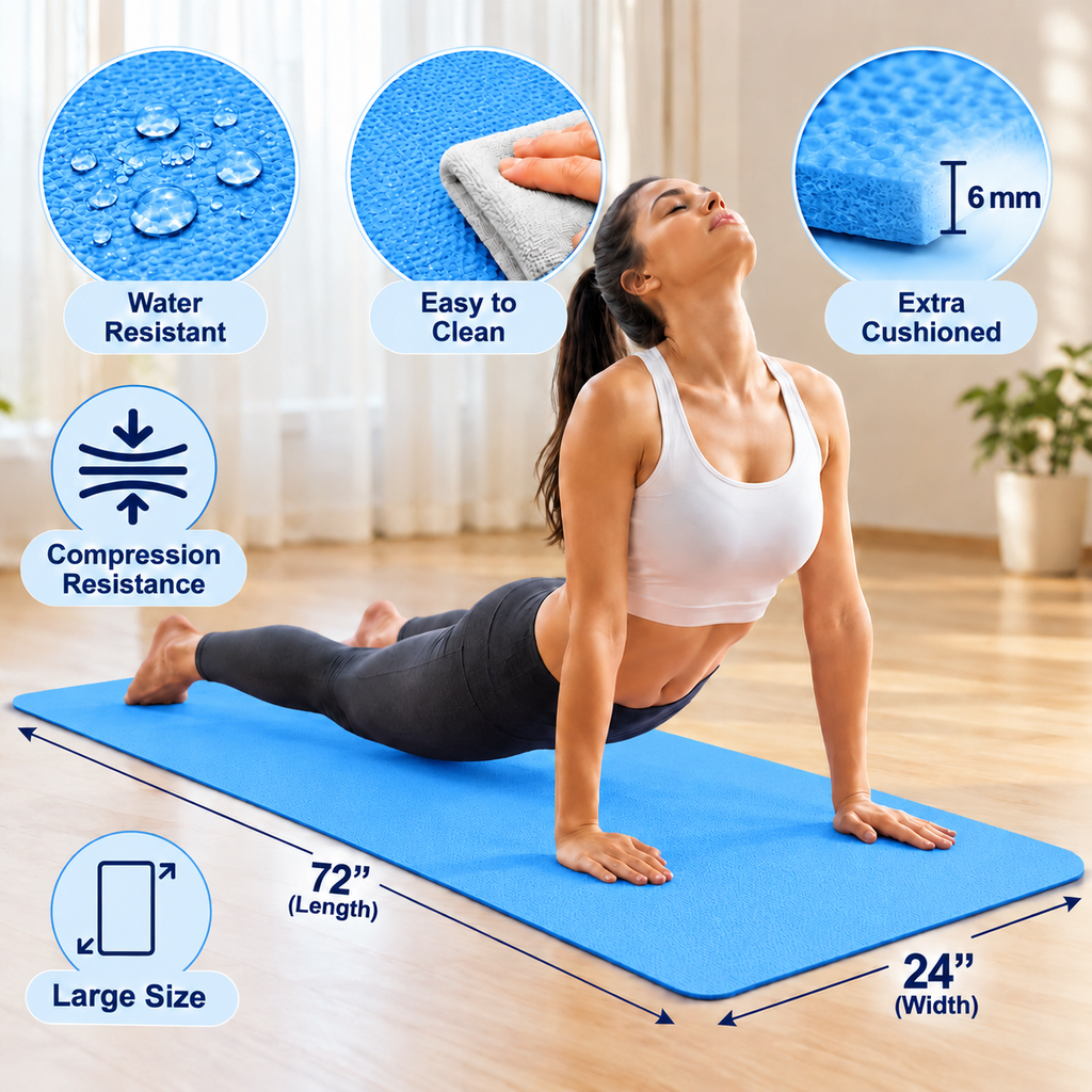 Blue 6mm Thick Yoga Mat 72 x 24 Inch, Large Size Non-Slip Exercise Mat for Men & Women | Water Resistant, Easy to Clean, Cushioned Fitness Mat for Yoga, Workout, Pilates & Home Gym