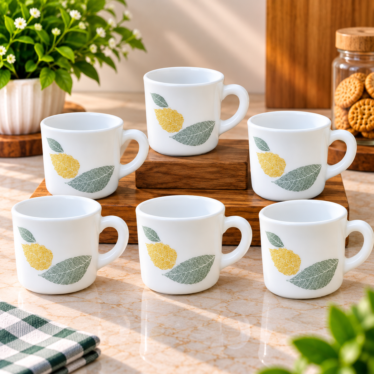 Cello Stella Foliage Cup Set of 6, 100 ML Each | White Leaf Printed Tea and Coffee Cups | Elegant Small Beverage Cups for Tea, Espresso, Green Tea, Home, Office and Gifting