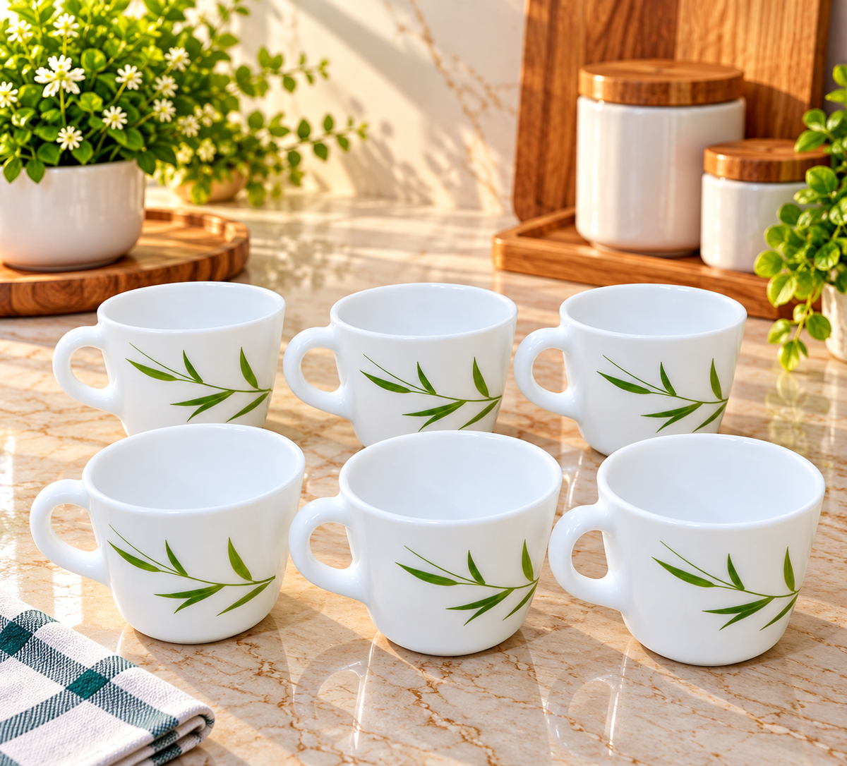 Cello Prince Bamboo Grove Cup Set of 6, 130 ML Each | Elegant Green Leaf Printed White Tea Cups for Tea, Coffee & Milk | Stylish Beverage Cups for Home, Kitchen, Office & Gifting