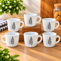 Cello Stella Winter Pine Cup Set of 6, 100 ML | White Tea Cups with Elegant Black and Grey Pine Tree Design | Stylish Small Cups for Tea, Coffee, Milk, Espresso & Daily Use