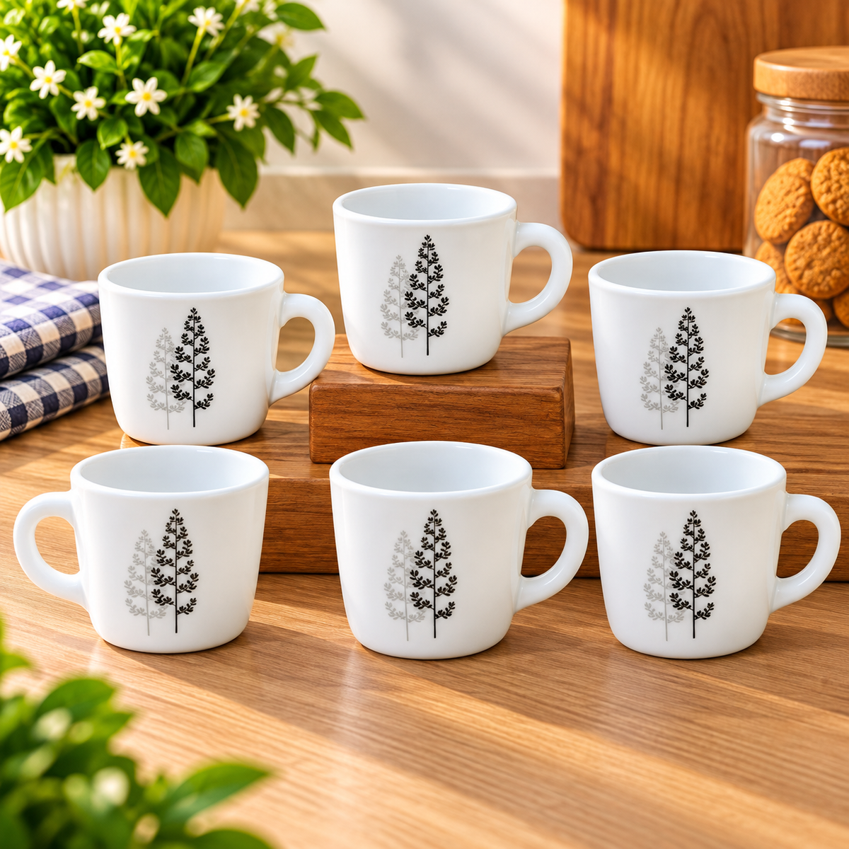 Cello Stella Winter Pine Cup Set of 6, 100 ML | White Tea Cups with Elegant Black and Grey Pine Tree Design | Stylish Small Cups for Tea, Coffee, Milk, Espresso & Daily Use