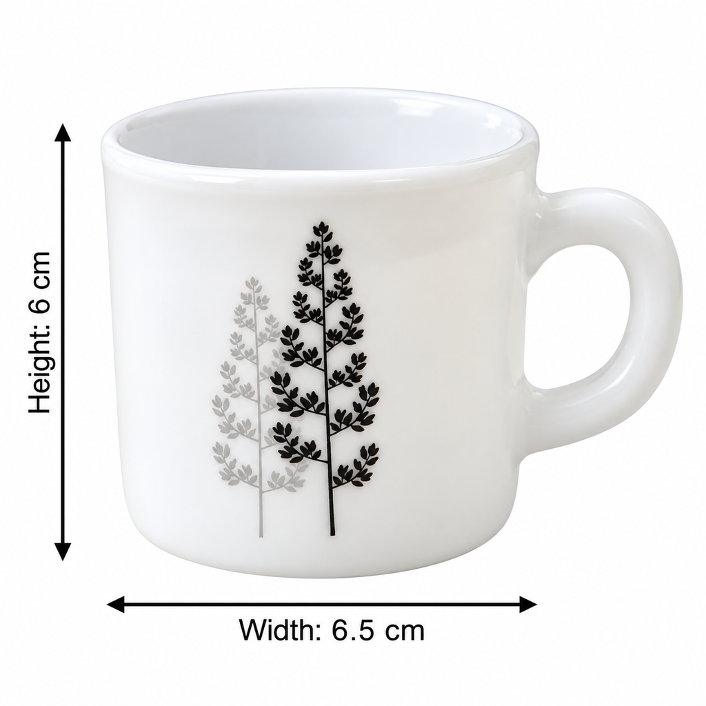 Cello Stella Winter Pine Cup Set of 6, 100 ML | White Tea Cups with Elegant Black and Grey Pine Tree Design | Stylish Small Cups for Tea, Coffee, Milk, Espresso & Daily Use