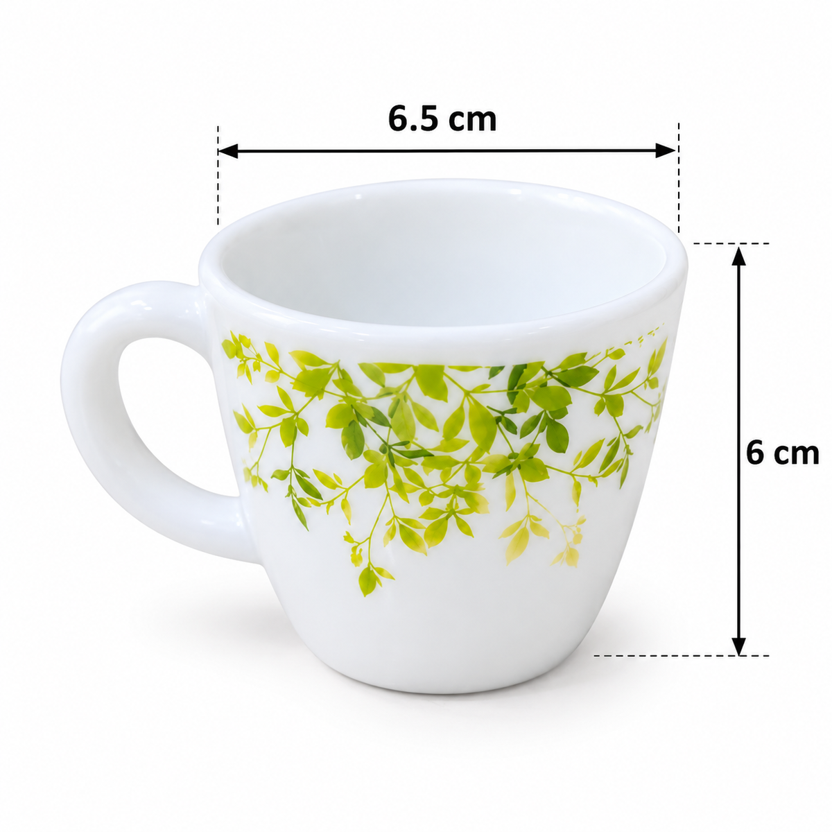 Cello Ricca Green Orchard Cup Set, 100 ML, Pack of 6 | White Printed Tea Cups with Green Leaf Design | Stylish Cups for Tea, Coffee, Milk & Daily Use