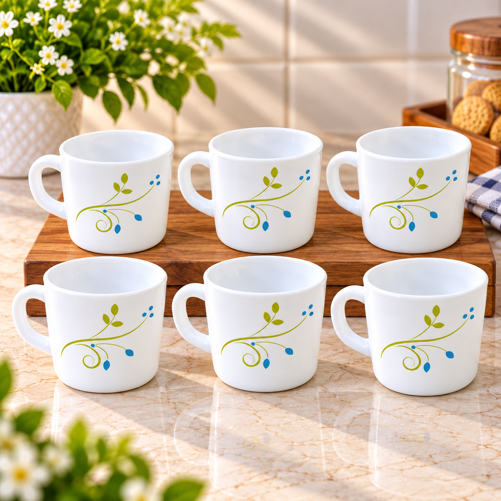 Cello Stella Tropical Lagoon Cup Set of 6, 100 ML Each | White Printed Tea Cups with Elegant Green and Blue Floral Design | Small Cups for Tea, Coffee, Milk and Serving Beverages