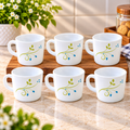 Cello Stella Tropical Lagoon Cup Set of 6, 100 ML Each | White Printed Tea Cups with Elegant Green and Blue Floral Design | Small Cups for Tea, Coffee, Milk and Serving Beverages