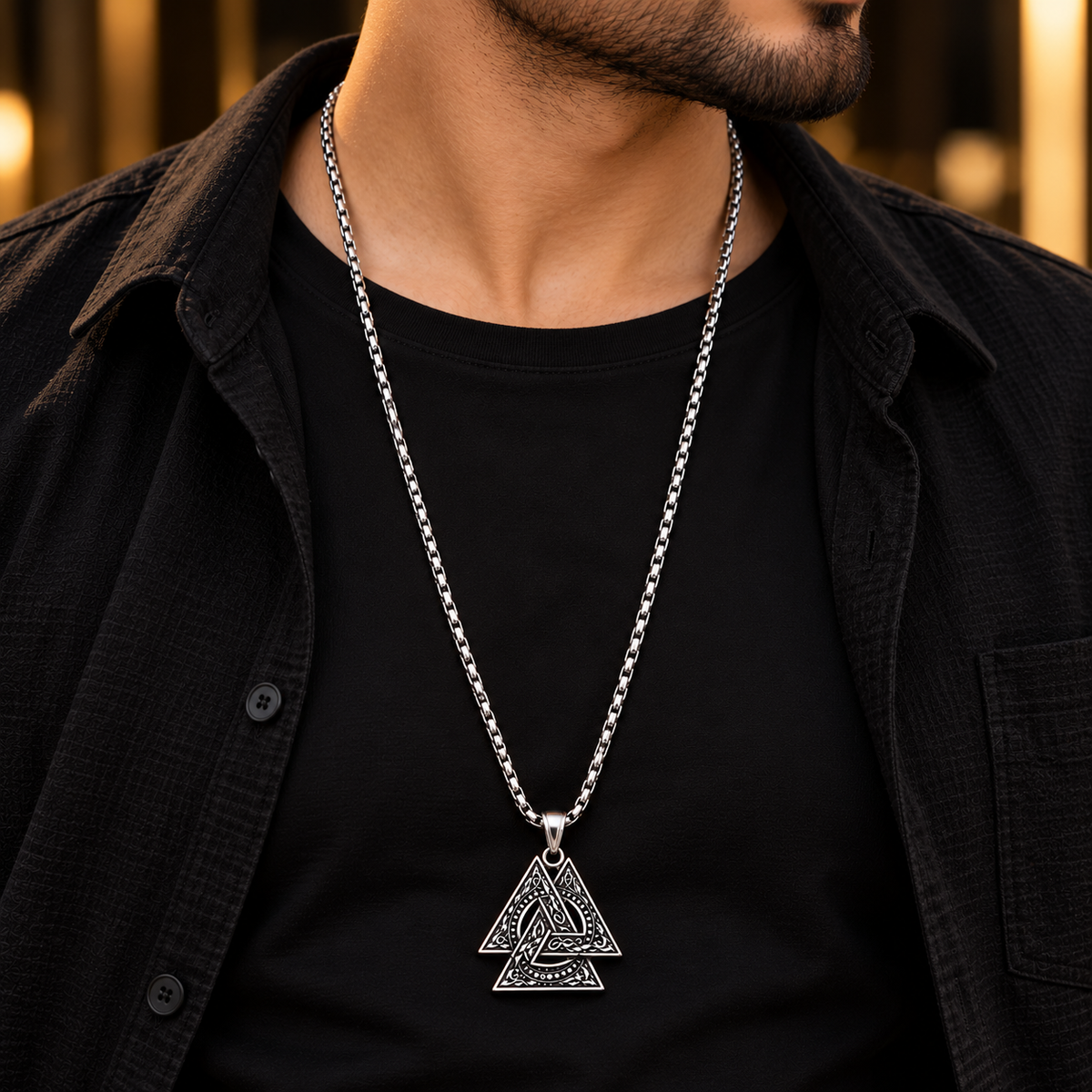 Stainless Steel Celtic Triangle Pendant Necklace for Men, Silver Tone Geometric Designer Chain with Intricate Engraved Pendant, 62 cm Length, 2 mm Chain Width, Stylish Fashion Jewellery
