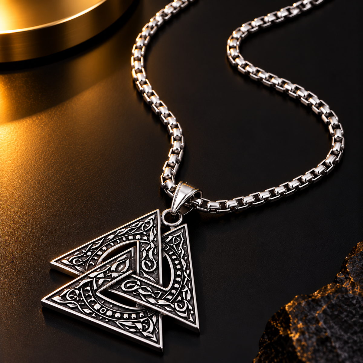 Stainless Steel Celtic Triangle Pendant Necklace for Men, Silver Tone Geometric Designer Chain with Intricate Engraved Pendant, 62 cm Length, 2 mm Chain Width, Stylish Fashion Jewellery