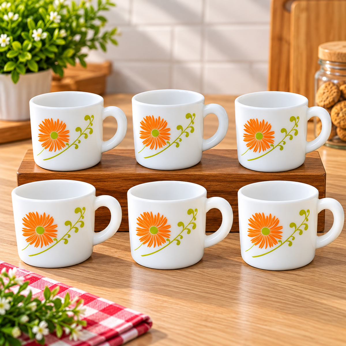 Cello Stella Cup Livid Lilac 100ml Set of 6, White Cups with Orange Floral Design | Small Tea Coffee Cups for Espresso, Milk, Serving Guests & Everyday Use