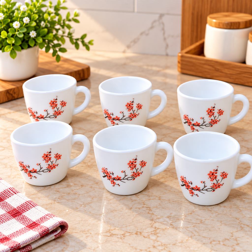 Cello Ricca Cherry Blossom Cup Set of 6, 100 ML Each | White Tea Cups with Red Cherry Blossom Floral Print | Stylish Cups for Tea, Coffee & Milk | Elegant Kitchen Drinkware Set