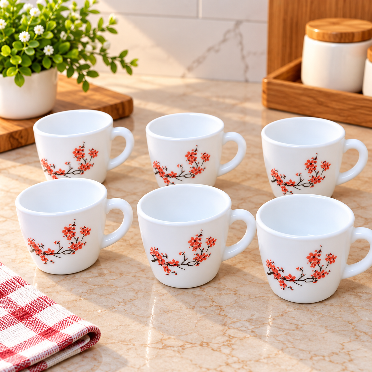 Cello Ricca Cherry Blossom Cup Set of 6, 100 ML Each | White Tea Cups with Red Cherry Blossom Floral Print | Stylish Cups for Tea, Coffee & Milk | Elegant Kitchen Drinkware Set