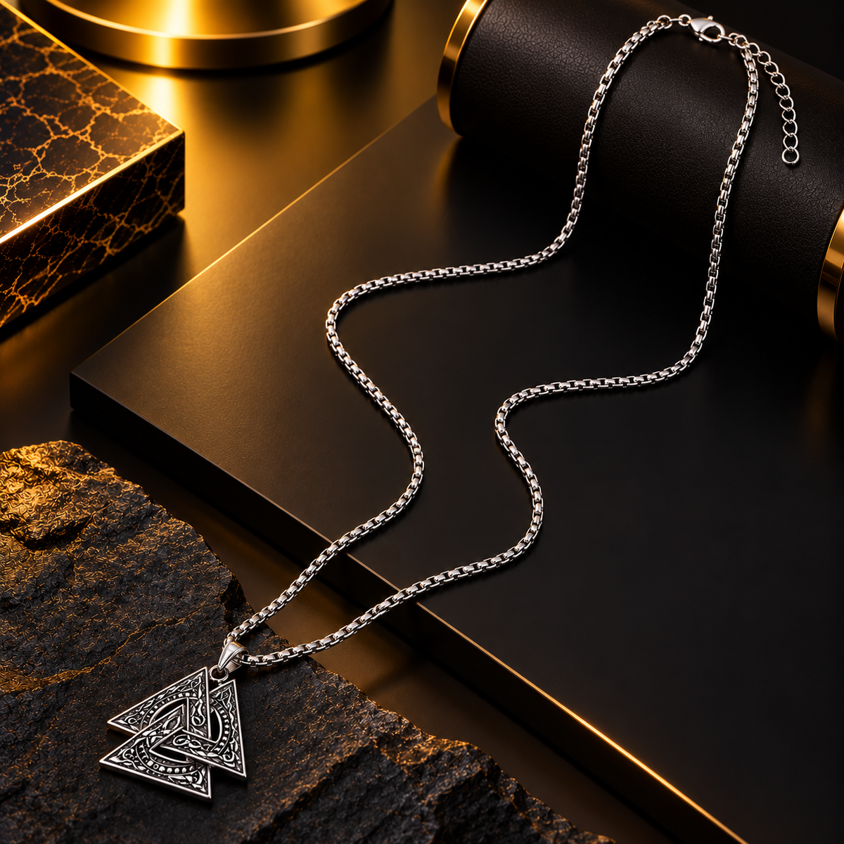 Stainless Steel Celtic Triangle Pendant Necklace for Men, Silver Tone Geometric Designer Chain with Intricate Engraved Pendant, 62 cm Length, 2 mm Chain Width, Stylish Fashion Jewellery