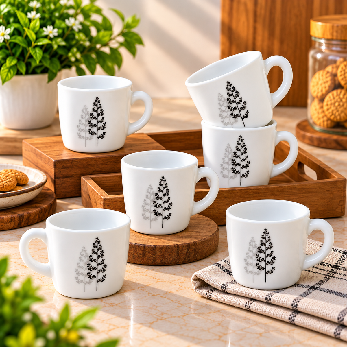 Cello Stella Winter Pine Cup Set of 6, 100 ML | White Tea Cups with Elegant Black and Grey Pine Tree Design | Stylish Small Cups for Tea, Coffee, Milk, Espresso & Daily Use