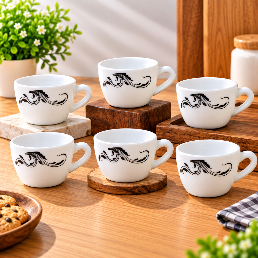 Cello Queen Cup Twirla 130 ML, Pack of 6 | Elegant White Tea Cups with Black Swirl Design for Tea, Coffee, Milk & Hot Beverages | Stylish Drinkware for Home & Office