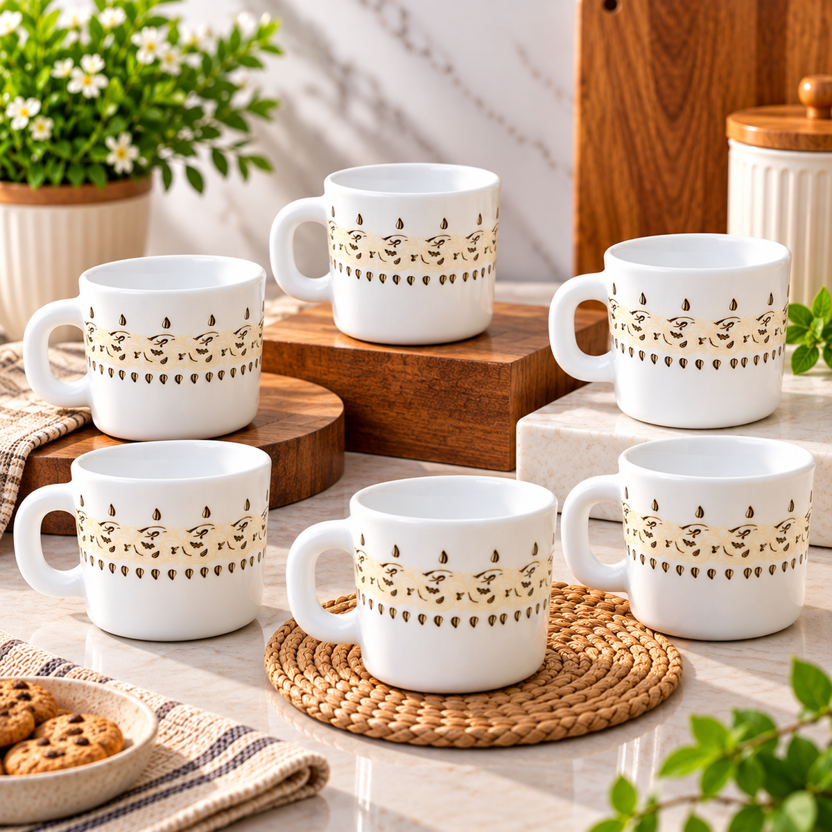 Larah Ora Gold Cup 100 ML, Pack of 6 | Elegant White Tea Cups with Gold Pattern Design | Small Coffee Cups for Tea, Coffee, Milk & Hot Beverages | Stylish Drinkware for Home & Office