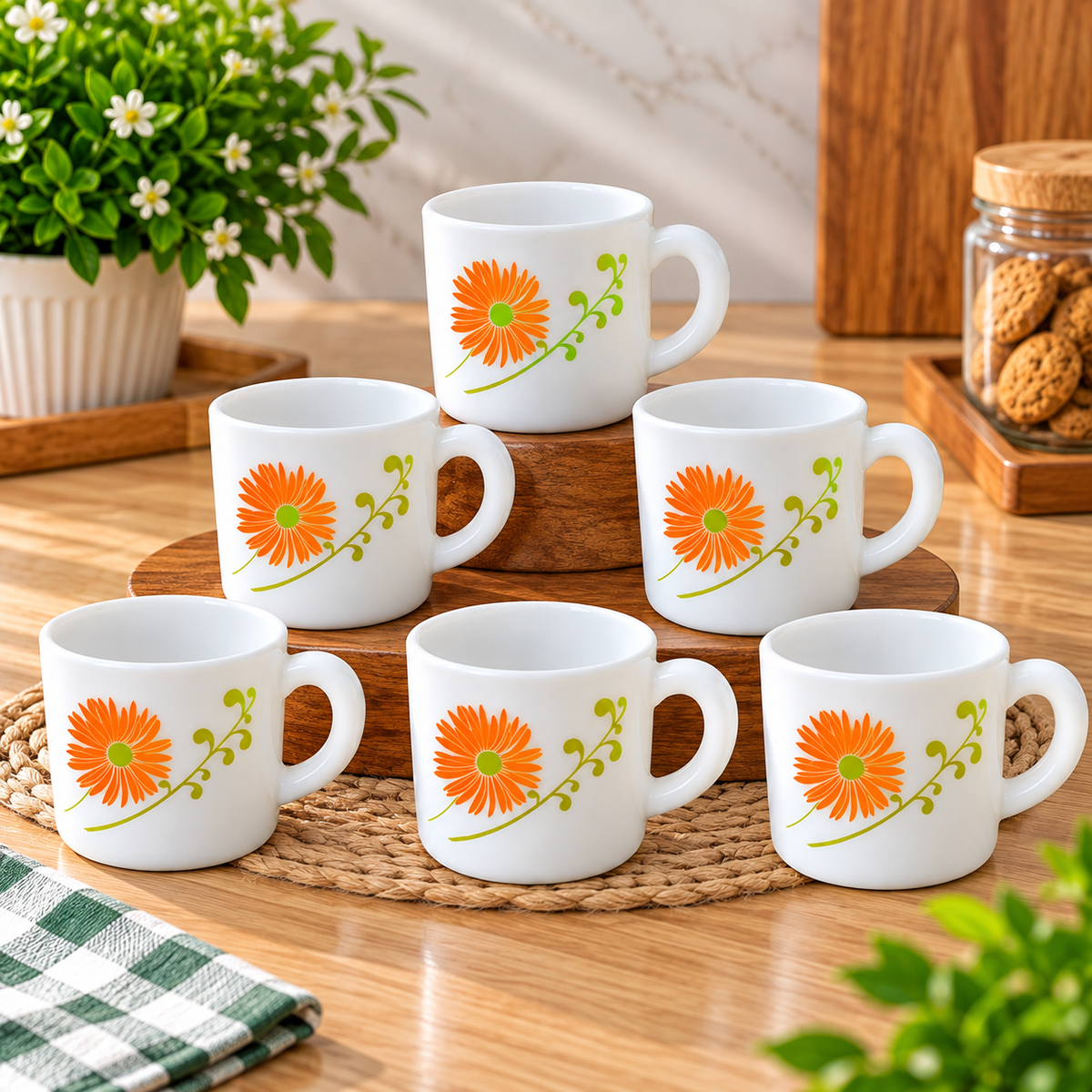 Cello Stella Cup Livid Lilac 100ml Set of 6, White Cups with Orange Floral Design | Small Tea Coffee Cups for Espresso, Milk, Serving Guests & Everyday Use