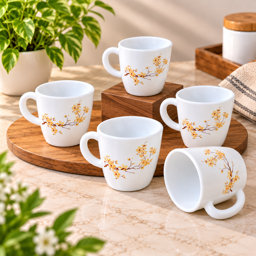 Cello Ricca Golden Mist Cup Set, 100 ML, Pack of 6 | White Printed Tea Cups with Golden Floral Branch Design | Stylish Cups for Tea, Coffee, Milk & Daily Use