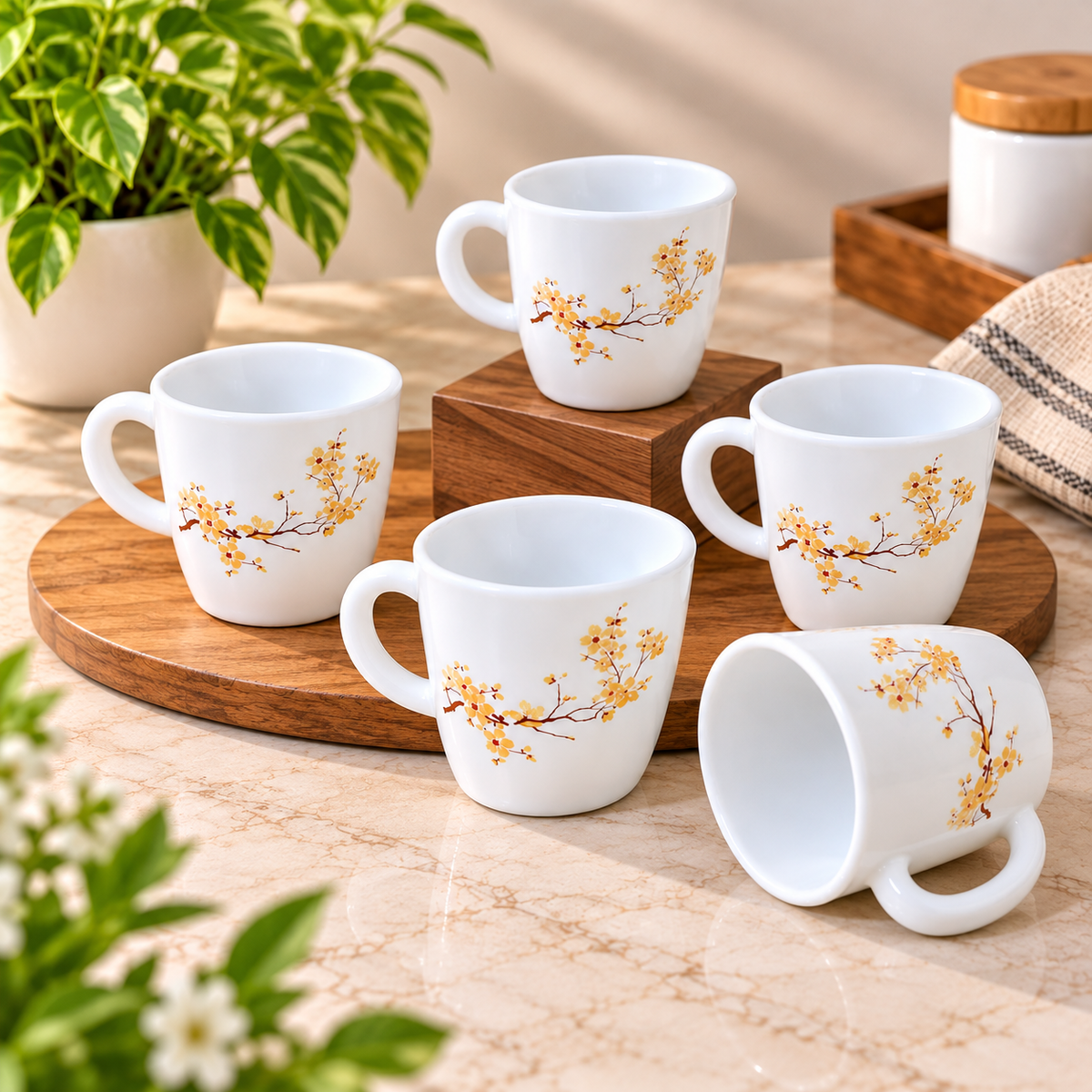 Cello Ricca Golden Mist Cup Set, 100 ML, Pack of 6 | White Printed Tea Cups with Golden Floral Branch Design | Stylish Cups for Tea, Coffee, Milk & Daily Use