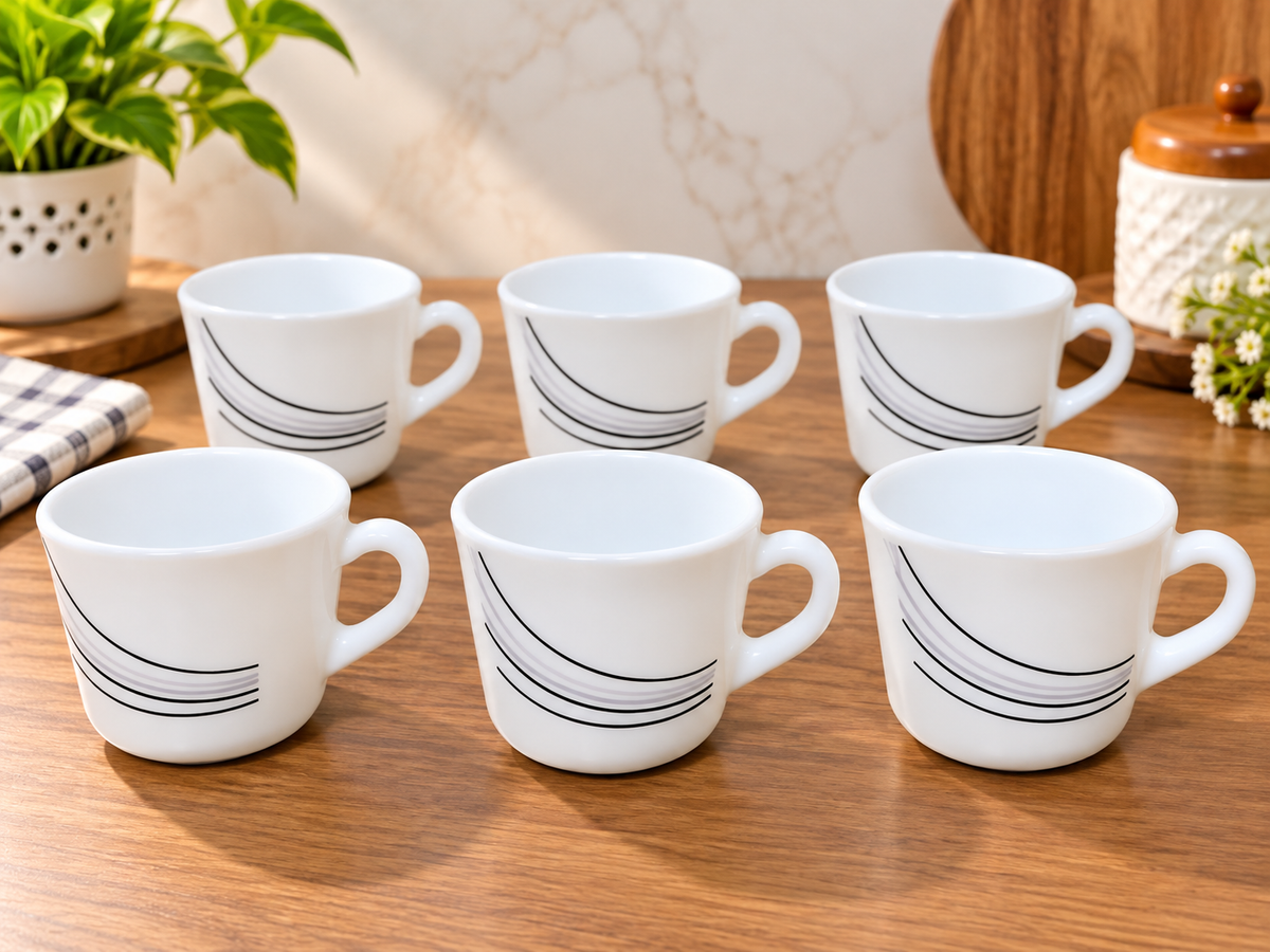 Cello Ricca Black Rays Cup Set 130 ML, Pack of 6 | Premium White Tea and Coffee Cups | Stylish Printed Cups for Tea, Coffee, Milk and Everyday Use