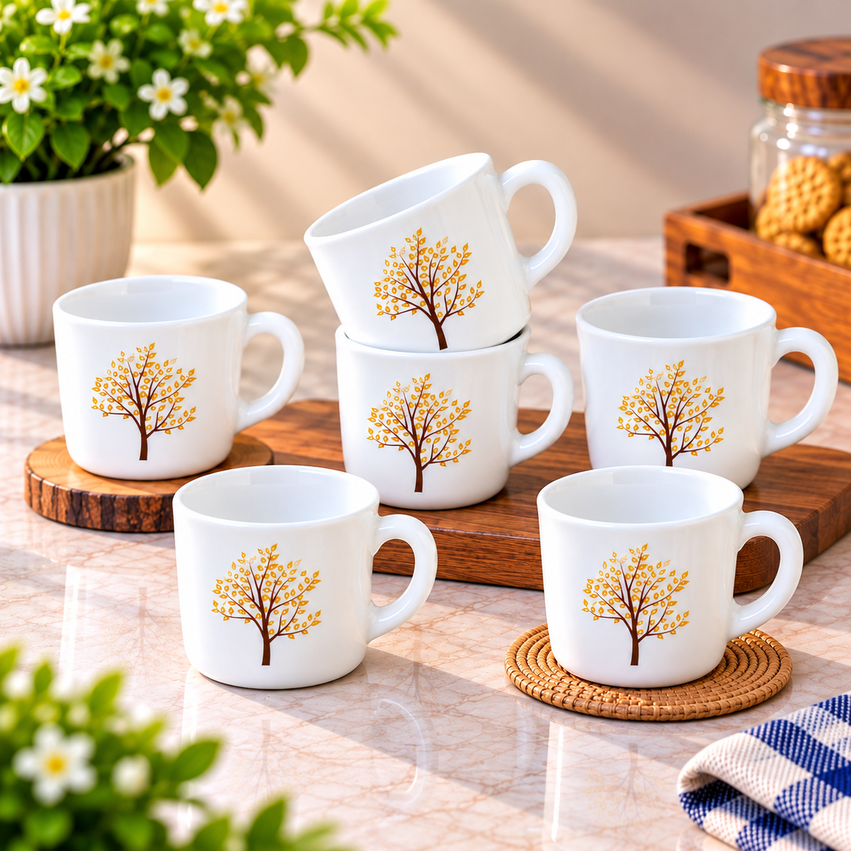 Cello Stella Tree of Life Cup Set of 6, 100 ML Each | White Printed Tea Cups with Elegant Golden Tree Design | Small Cups for Tea, Coffee, Milk and Beverage Serving
