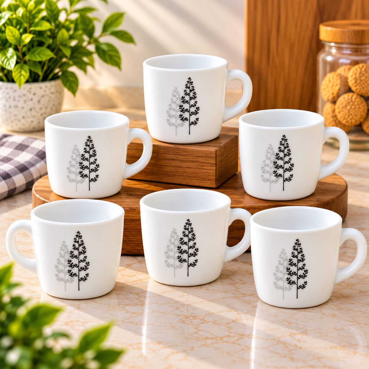 Cello Stella Winter Pine Cup Set of 6, 100 ML | White Tea Cups with Elegant Black and Grey Pine Tree Design | Stylish Small Cups for Tea, Coffee, Milk, Espresso & Daily Use