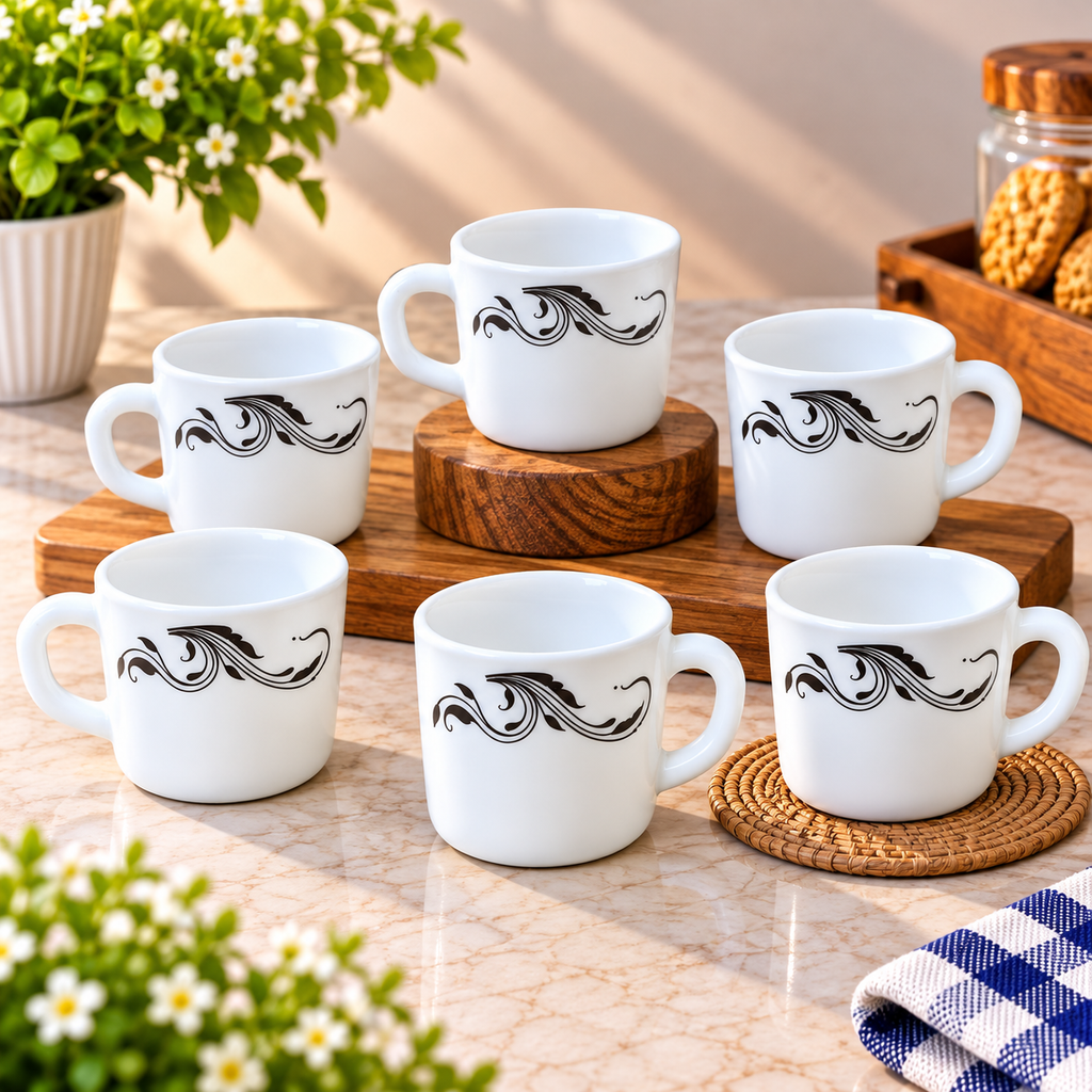 Cello Stella Twirla Cup Set of 6, 100 ML Each | White Printed Tea Cups with Elegant Black Swirl Design | Small Cups for Tea, Coffee, Milk and Beverage Serving