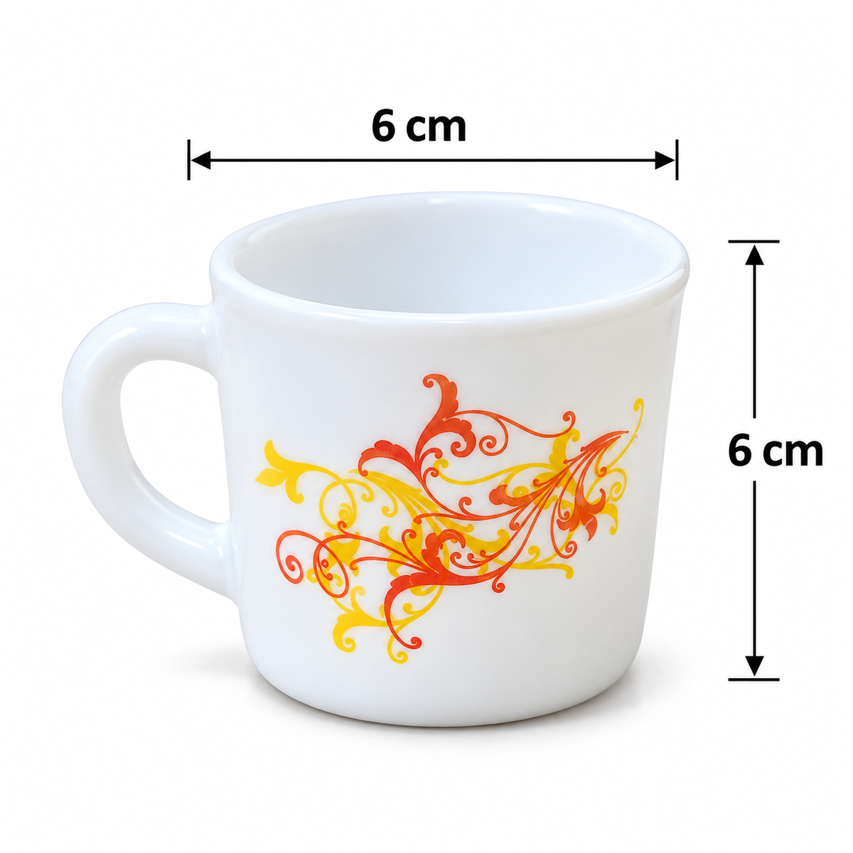 Cello Stella Yellow Scroll Cup Set of 6, 100 ML Each | White Printed Tea Cups with Elegant Red and Yellow Scroll Design | Small Cups for Tea, Coffee, Milk and Beverage Serving