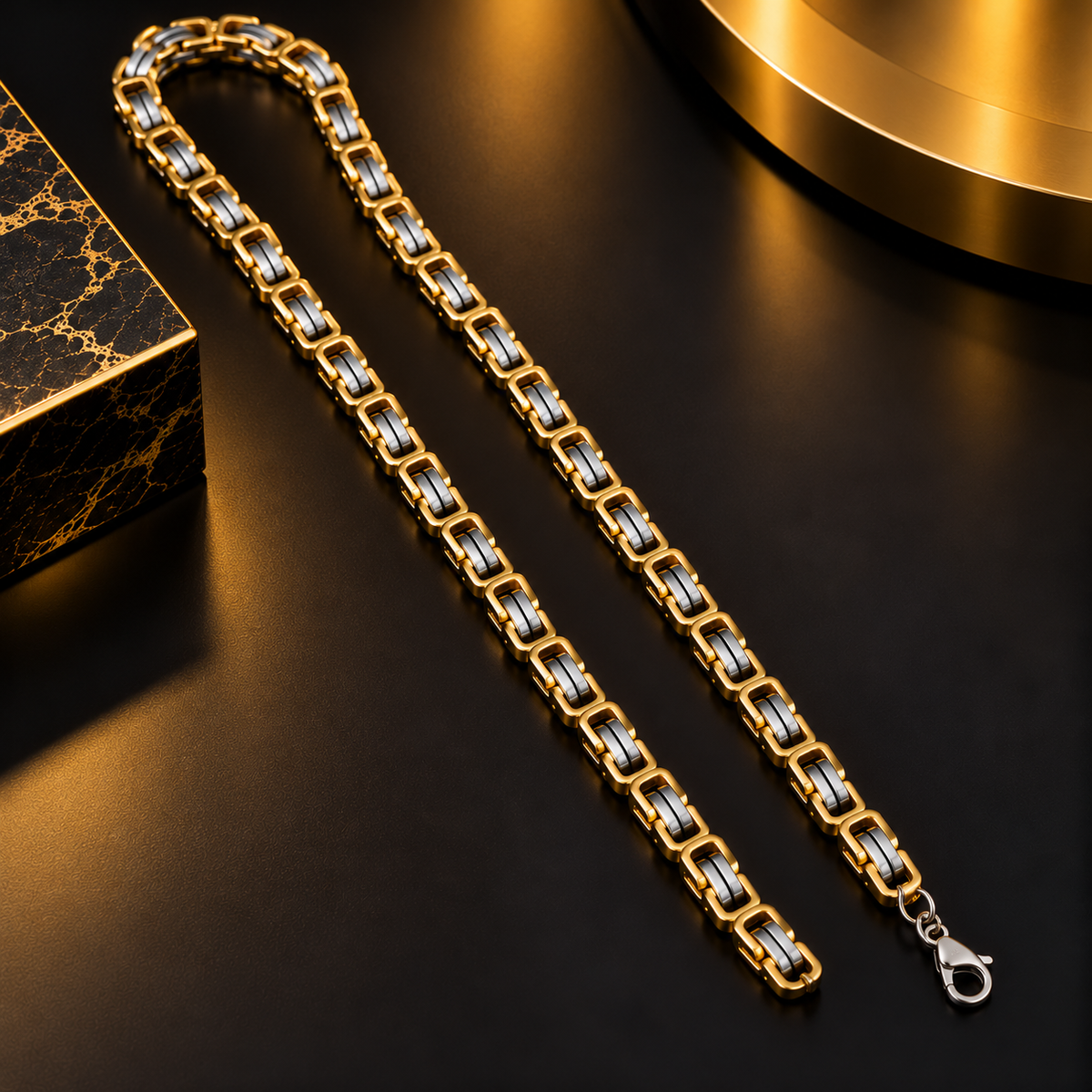 Stainless Steel Two Tone Gold and Silver Chain for Men, 54 cm Length, 7 mm Width | Stylish Geometric Link Necklace with Gold Finish, Modern Fashion Jewellery for Party Wear & Gifting