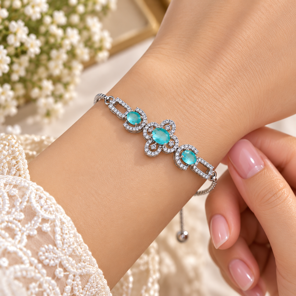 Women’s Silver-Tone Aqua Blue Stone Adjustable Bracelet with Sparkling Crystal Embellishments, Elegant Fashion Jewellery for Party Wear, Wedding, Festive Occasions & Gifting