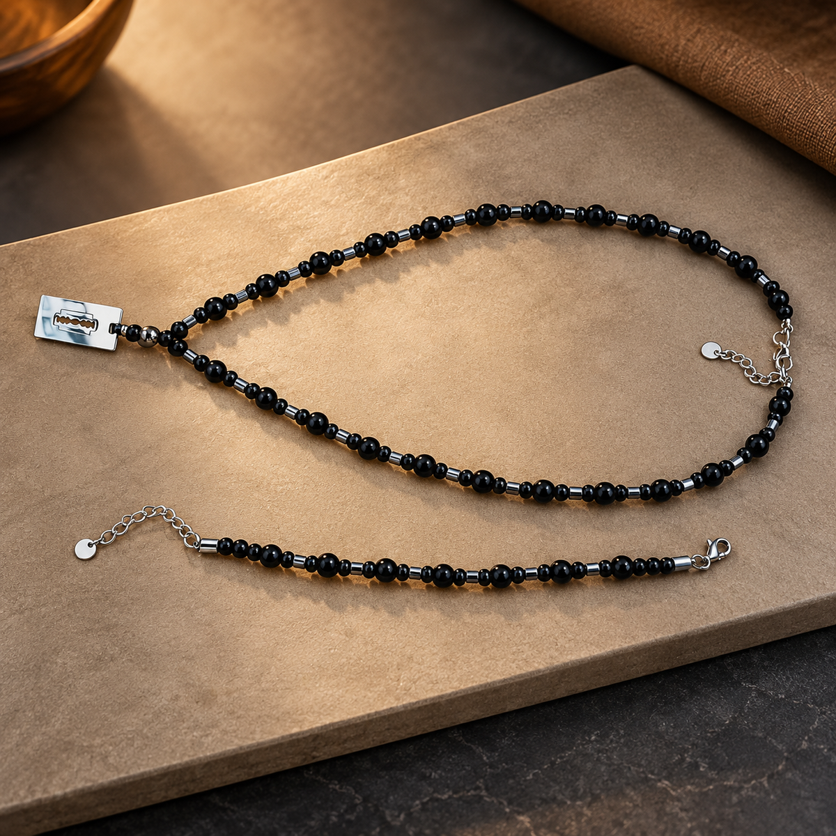 Stainless Steel Black Beaded Necklace and Bracelet Set for Men, 30 cm Necklace Length, 8 mm Beads, Silver Blade Shape Pendant | Stylish Gothic Fashion Jewellery Set for Party Wear & Gifting
