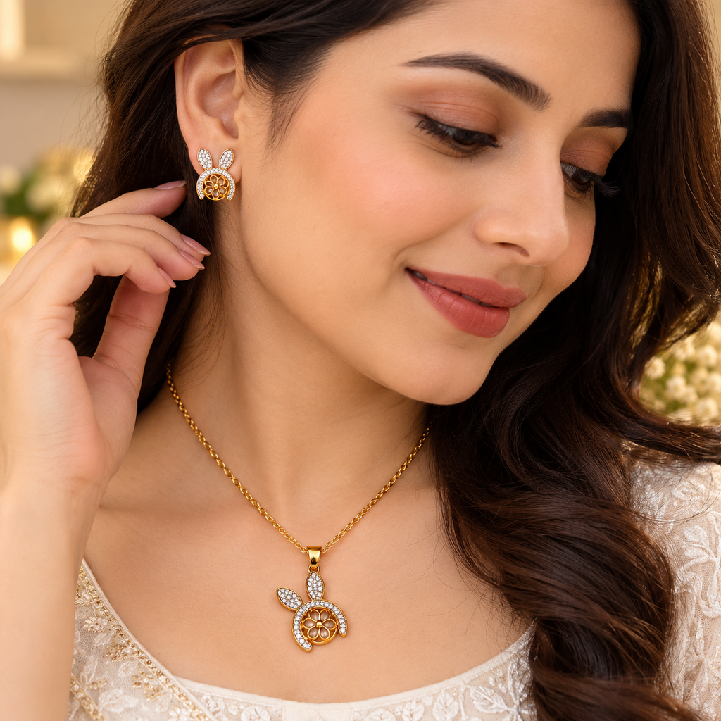 Gold Plated Bunny Floral Necklace and Earrings Set for Women & Girls | Cute Rabbit Design Pendant Jewellery Set with Matching Earrings | Party Wear, Festive Wear & Gift