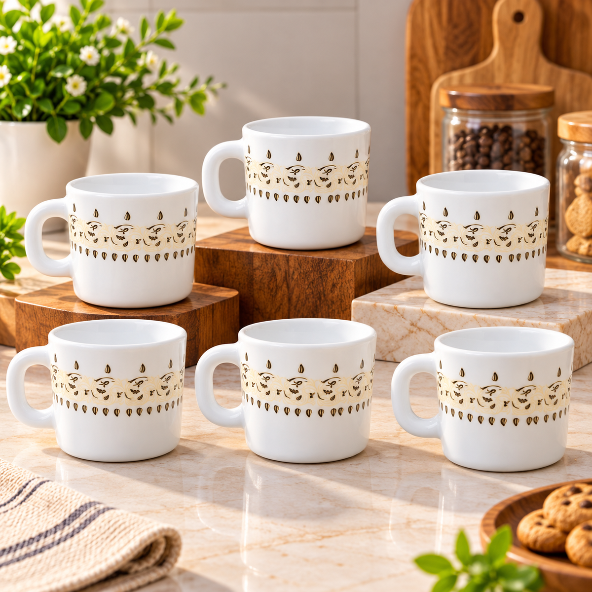 Larah Ora Gold Cup 100 ML, Pack of 6 | Elegant White Tea Cups with Gold Pattern Design | Small Coffee Cups for Tea, Coffee, Milk & Hot Beverages | Stylish Drinkware for Home & Office