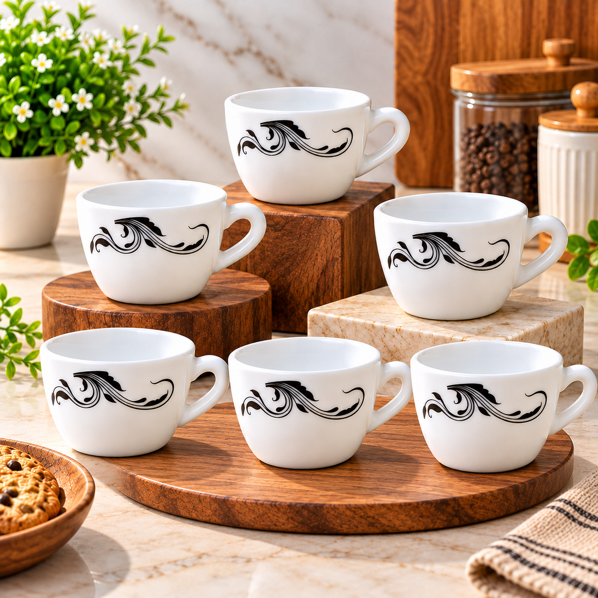 Cello Queen Cup Twirla 130 ML, Pack of 6 | Elegant White Tea Cups with Black Swirl Design for Tea, Coffee, Milk & Hot Beverages | Stylish Drinkware for Home & Office