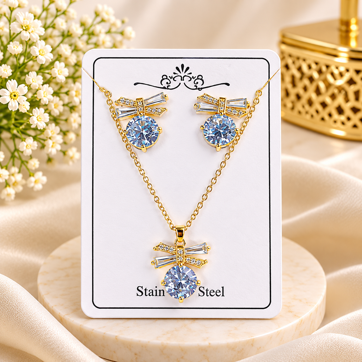 Gold Plated Bow Pendant Necklace and Earrings Set for Women & Girls | Elegant Cubic Zirconia Jewelry Set with Matching Stud Earrings | Party Wear, Wedding, Birthday & Gifting