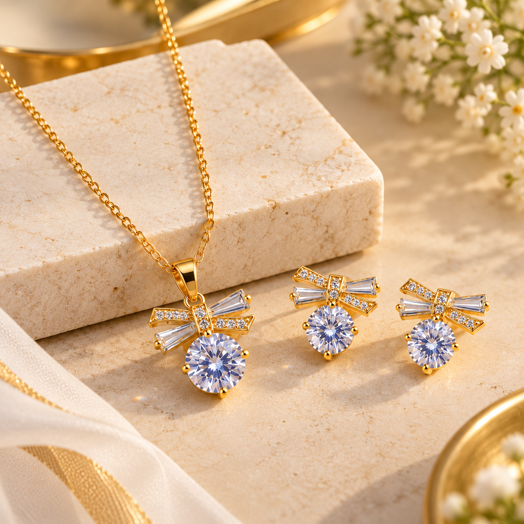 Gold Plated Bow Pendant Necklace and Earrings Set for Women & Girls | Elegant Cubic Zirconia Jewelry Set with Matching Stud Earrings | Party Wear, Wedding, Birthday & Gifting