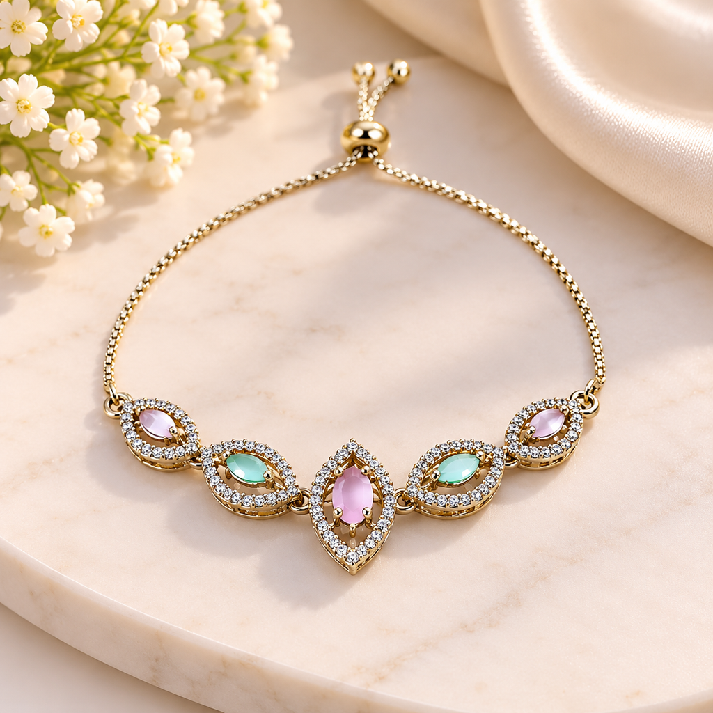 Women’s Gold-Tone Multicolor Gemstone Adjustable Bracelet with Pink and Aqua Blue Stones, Sparkling Crystal Embellished Designer Chain Bracelet for Party Wear, Wedding, Festive Occasions & Gifting
