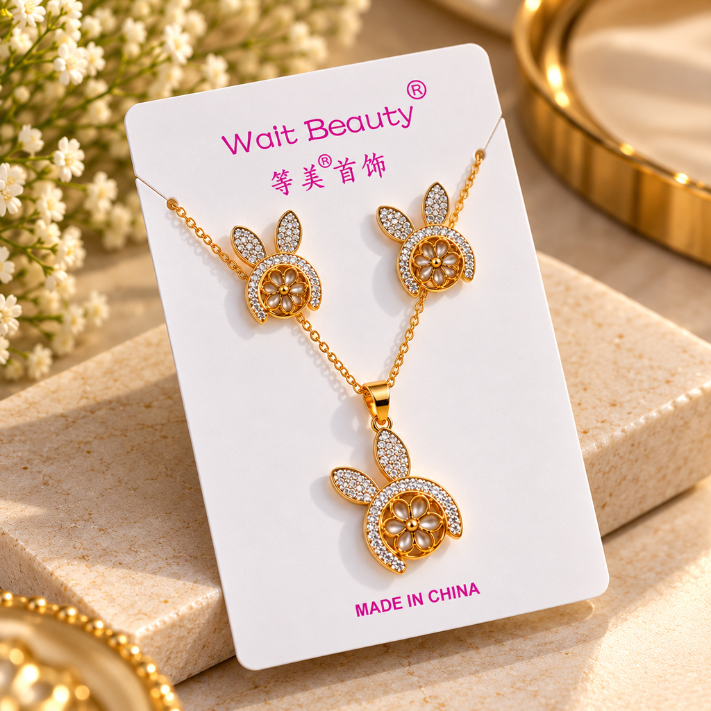 Gold Plated Bunny Floral Necklace and Earrings Set for Women & Girls | Cute Rabbit Design Pendant Jewellery Set with Matching Earrings | Party Wear, Festive Wear & Gift